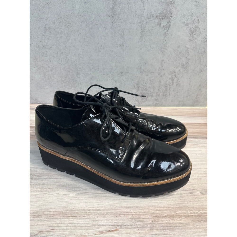 Eileen Fisher Eddy Derby SZ 9 Black Patent Leather Lace Up Oxford Platform Shoes - Picture 7 of 12